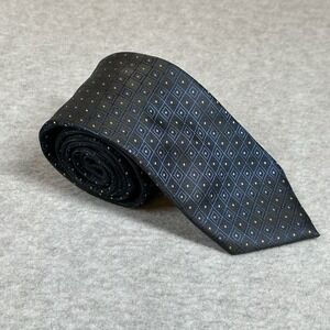 Lucio Lamberti Neck Tie Geometric Window Pane Print Black‎ Blue Handmade Silk